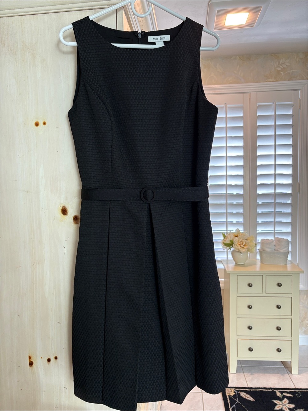 White House Black Market Black Textured Sleeveless Belted Fit and Flare Dress